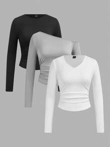 SHEIN EZwear Tricou casual versatil tricolor tricotat pentru femei, asortat, 3 pachete, topuri cu mânecă lungă, topuri scurte, topuri strâmte, topuri cu mânecă lungă pentru femei