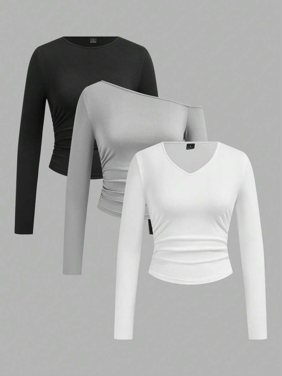 SHEIN EZwear Tricou casual versatil tricolor tricotat pentru femei, asortat, 3 pachete, topuri cu mânecă lungă, topuri scurte, topuri strâmte, topuri cu mânecă lungă pentru femei