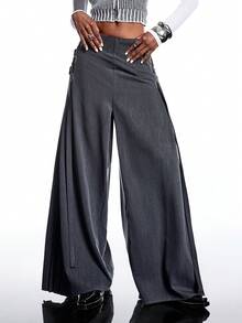 LYSMO Neuheit Herbst/Winter 2025: Minimalistischer Damen-Rock Einfarbig, Schnürung, Faltenrock, Vintage-Stil, weites Bein, grauer Rock, langer Wickelrock, Binderock, Faltenrock