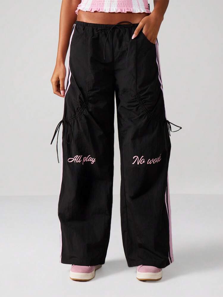 Missguided x Playboy Casual Wide Leg Cargo Pants With Ruched Details And Side Stripe Embellishments For Streetwear