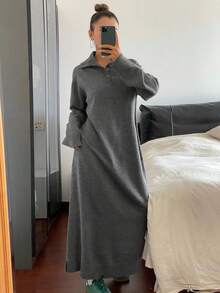 DAZY 女士宽松休闲灰色Polo领针织连衣裙，秋冬毛衣裙