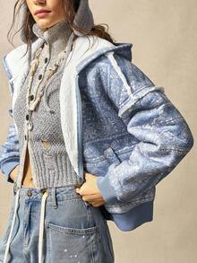 Bohemela 波西米亚风秋冬外套，女士休闲落肩拉链长袖宽松针织连帽外套，复古波西米亚腰果图案，毛绒保暖内衬，西部乡村风格，适合度假、日常穿着、返校季、万圣节、圣诞节等场合。 - 藍色 - 查看 5