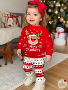 SHEIN Bộ áo nỉ dài tay cổ tròn dày mềm mại họa tiết tuần lộc Giáng sinh dễ thương và hài hước cho bé gái, phù hợp cho mùa thu/đông - Nhiều màu - Xem 1