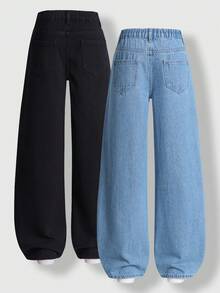 SHEIN Explorewe 青少年女孩牛仔裤，2025 年秋冬新品，两件套，花卉印花设计，舒适贴身，百搭直筒宽松休闲阔腿牛仔裤，适合外出、上学、通勤、派对、圣诞节，完美之选 - 彩色 - 查看 7