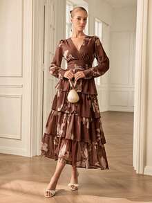 EMERY ROSE 优雅淑女分层蛋糕裙V领雪纺拉丝印花长袖连衣裙/随机印花 - 彩色 - 查看 3