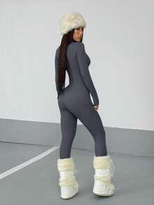 Women's Streetwear Solid Color Long Sleeve Half Zip Jumpsuit, Autumn - Grey - View 2
