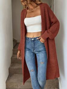 Easowa Áo khoác cardigan dáng dài rộng rãi, màu trơn đơn giản, dáng rộng, tay đèn lồng, dáng thường ngày cho nữ, mùa thu/đông - màu nâu - Xem 3