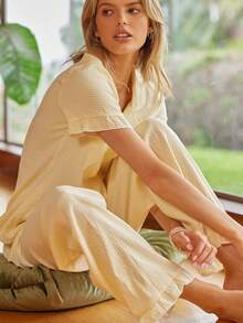 格子印花睡衣套装女式短袖上衣和松紧腰裤，休闲套装 - 黃色 - 查看 3