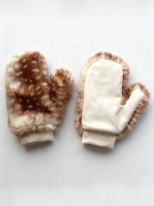 ROMWE Fairycore 1 双小鹿图案毛绒手套，Y2K 动物印花露指手套，温暖厚实的触摸屏手套，适合日常穿着