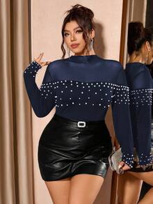 Cravure Plus Size Women Fashionable Elegant Party Beaded Decor T-Shirt, Flattering Fit For Daily Wear