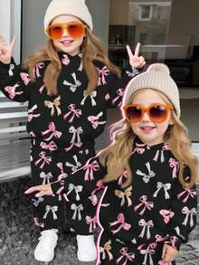 Cute Sweet Bow Print, Collegiate Style, French Retro Sweet, Young Girl Loose Sporty Comfortable Casual Minimalist Hoodie And Sweatpants 2 Pieces Set, Suitable For Autumn/Winter, Casual Campus Sports Style, Outdoor Picnic, Outings, Street Photography, Home, Campus - Multicolor - View 1