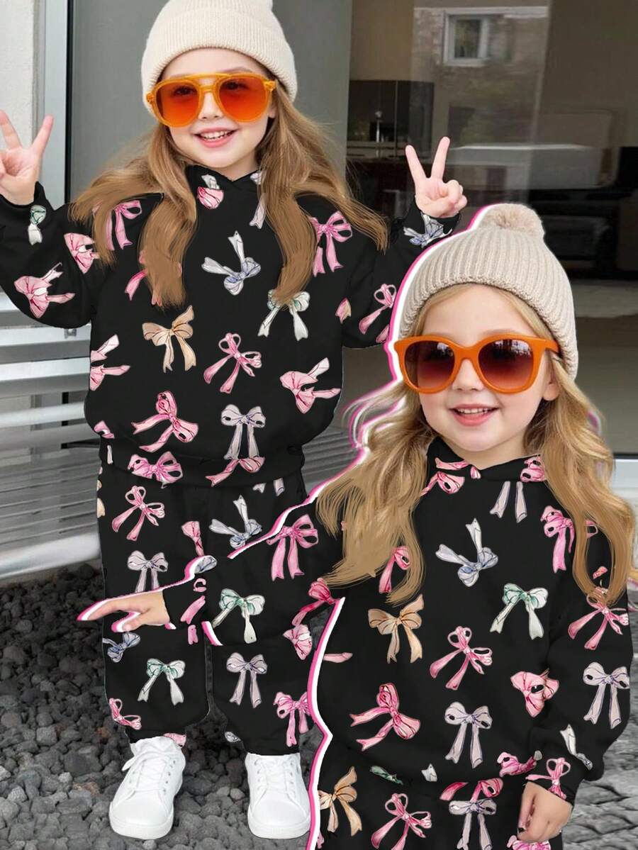 Cute Sweet Bow Print, Collegiate Style, French Retro Sweet, Young Girl Loose Sporty Comfortable Casual Minimalist Hoodie And Sweatpants 2 Pieces Set, Suitable For Autumn/Winter, Casual Campus Sports Style, Outdoor Picnic, Outings, Street Photography, Home, Campus - Multicolor - View 1