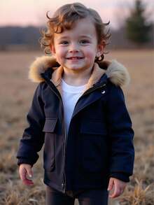 Baby Boy Casual Comfortable Versatile Faux Fur Trim Hooded Jacket, Thermal Lined, Contrast Color Cargo Pockets, Zipper, Mid-Length Winter Coat, Suitable For Home & Outdoor