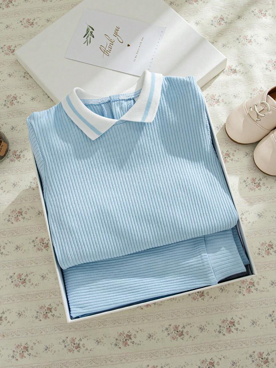 Souflis Souflis 幼儿男童法国复古浅蓝色圆领长袖T恤和罗纹休闲裤套装，适合上学、外出和各种场合 - 藍色 - 查看 1