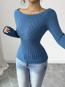 SHEIN Elenzya Sexy Off Shoulder Vintage Cable Knit Slim Fit Ribbed Cuff Long Sleeve Sweater For Women, Autumn/Winter - Teal Blue - View 3