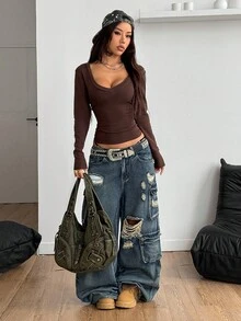 Coolane Áo thun nữ tay dài cổ chữ V, chất liệu len dệt kim co giãn màu đen, nâu và xám, thích hợp mặc khi trở lại trường vào mùa thu/đông, gồm 3 chiếc/ba mảnh - Nhiều màu - Xem 3