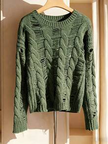 Franclia Novo Suéter Vintage Folgado e Aconchegante de Tricô Trançado Verde Escuro para Mulheres, Outono/Inverno