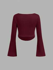 SHEIN Girlism 青少年女孩合身休闲圆领荷叶边喇叭袖长袖 T 恤 - 酒紅色 - 查看 2