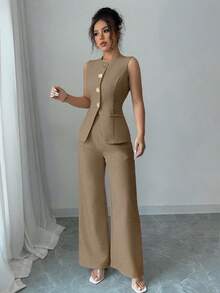 Selianne 女士优雅花卉纽扣装饰休闲/通勤西装 - 棕色 - 查看 5