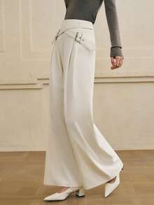 Cévolie 女士纯色褶皱高腰双扣装饰阔腿裤 - 白色 - 查看 3