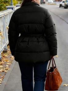 INAWLY Plus Size Women V-Neck Cinched Waist Padded Coat - Black - View 2