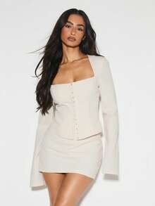 KIZN Blusa de manga larga con hombros descubiertos y estilo de corsé con detalle de botones delanteros para otoño e invierno - Crema - Ver 5