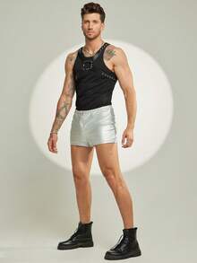 FeverCity Men's Solid Color Zipper Casual Elastic Waist Shorts - Silver - View 4