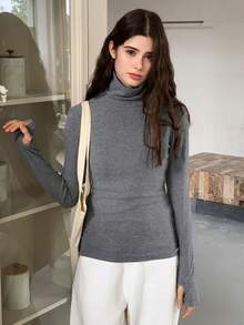 Dazy Kids Camiseta de punto de cuello alto de unicolor de manga larga, casual y versátil para adolescentes