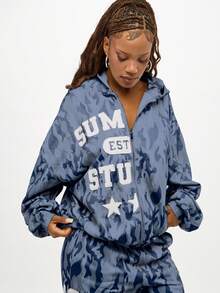 SUMWON WOMEN Oversized Camo Hoodie With Star Applique And Raw Edge Details Fall Winter Pullover Sweatshirt - Blue - View 6