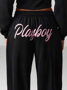 Missguided x Playboy 宽腿图案慢跑裤，侧面系带细节和印花 - 黑色 - 查看 6
