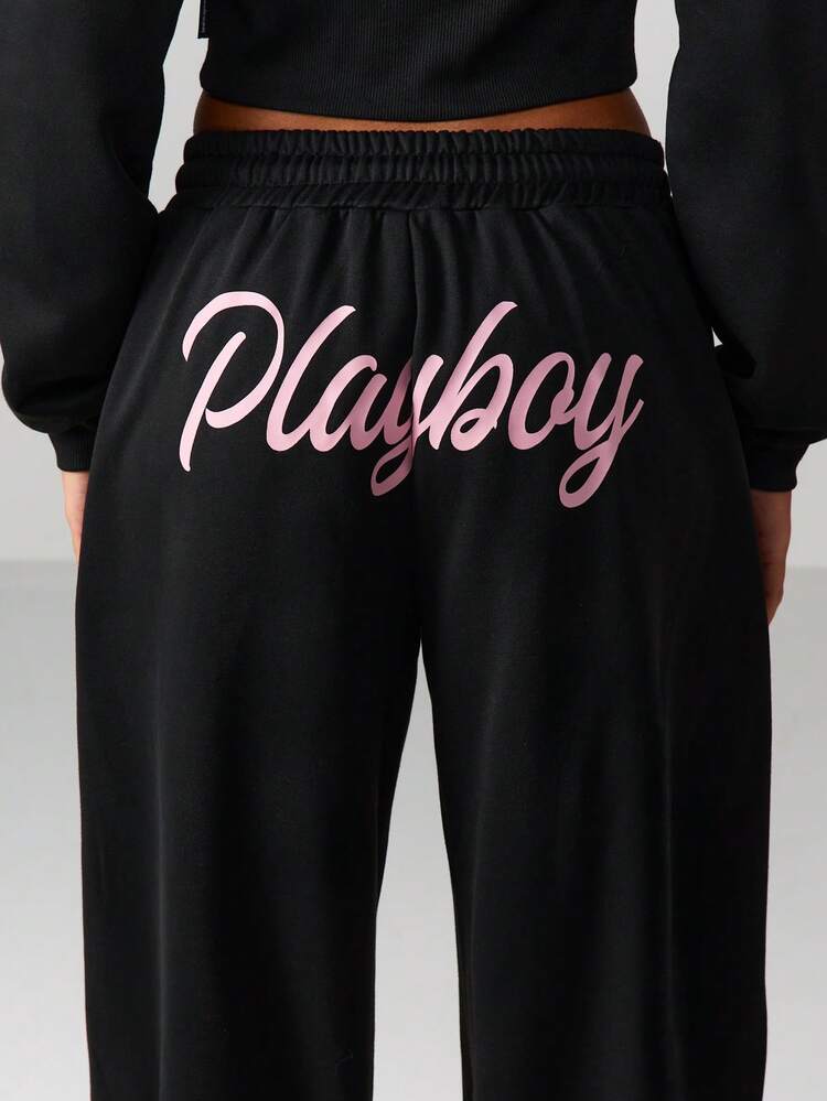 Missguided x Playboy Wide Leg Graphic Joggers With Side Lace Up Details And Print