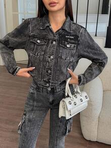 Rivivi 女式前扣口袋贴花休闲长袖牛仔夹克 - 黑色 - 查看 6