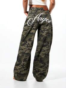 SUMWON WOMEN 宽腿迷彩天使印花高腰牛仔裤，适合日常休闲节日街头风格 - 軍綠色 - 查看 1