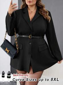 SHEIN CURVE+ Blazer elegante de manga larga con botones frontales y cintura anudada, de unicolor, estilo francés, talla grande, para invierno - Negro - Ver 7