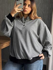 Dazy Plus Plus Size Women Casual Striped Loose Contrast Color Splice Hem Half-Open Collar Long Sleeve T-Shirt, Spring/Autumn - Grey - View 7