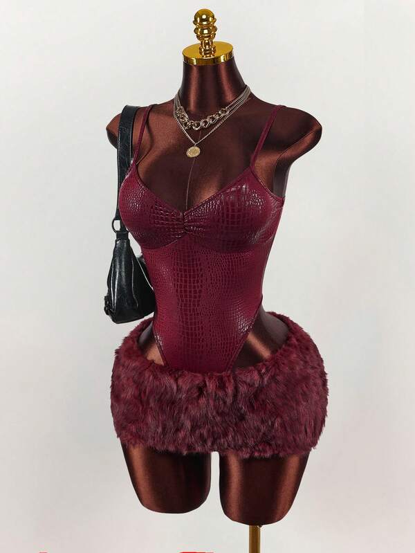 Amplova Conjunto de 2 piezas de mujer con camisola de textura de cocodrilo falso y minifalda esponjosa, moda sexy