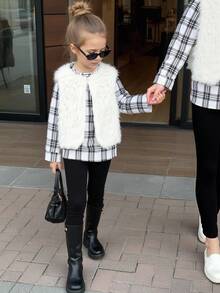 Bộ 3 món thời trang thu đông cho bé gái, gồm áo sơ mi dài tay kẻ caro, áo khoác vest mềm mại và quần legging đen, thanh lịch và dễ thương, đa năng khi đi làm - Đen và trắng - Xem 1