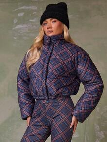 Athîral 女士菱形图案拉链高领长袖夹棉大衣 - 藏蓝色 - 查看 6