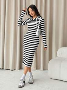SHEIN PETITE 女式黑白罗纹紧身连帽连衣裙 - 黑與白 - 查看 4