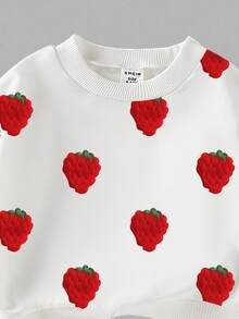 1 Set Baby Girls Casual Fashionable Sweet Cute Strawberry Print White Crew Neck Sweatshirt And Red Flared Pants Set, Autumn/Winter Baby Girl Sweatshirt Set, Strawberry Sweatshirt And Pants Two Pieces Casual Outfit - Multicolor - View 5