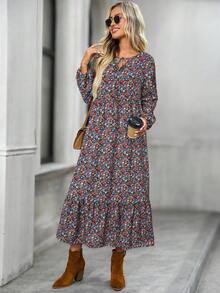 EMERY ROSE 女式随机印花长袖连衣裙 - 紅色 - 查看 5