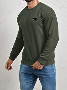 Manfinity Homme 男士宽松字母拼接圆领卫衣，秋季长袖上衣 - 軍綠色 - 查看 3