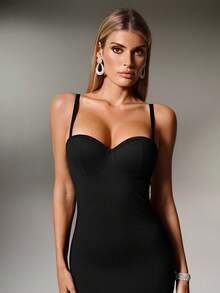 Nuvra 女式无袖低胸双层收腹塑身吊带裙，带衬里，收腰提臀，中长款塑身裙 - 黑色 - 查看 4