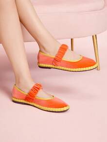 CUCCOO DOLLMOD 女式亮橙色优雅天鹅绒经典舒适天鹅绒褶皱弹力玛丽珍平底鞋 - 亮橙色 - 查看 7