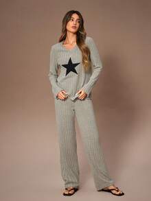 Lazeform 女士休闲星形刺绣针织圆领长袖上衣和裤子睡衣套装，冬季服装 - 卡其色 - 查看 3