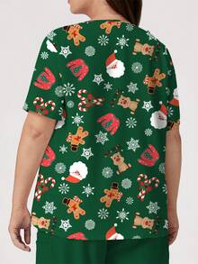 PopScrub Plus Size Women's V-Neck Short Sleeve Scrub Top With Pockets, Ear Loop, And Side Slit, Christmas Element Pattern - Multicolor - View 2