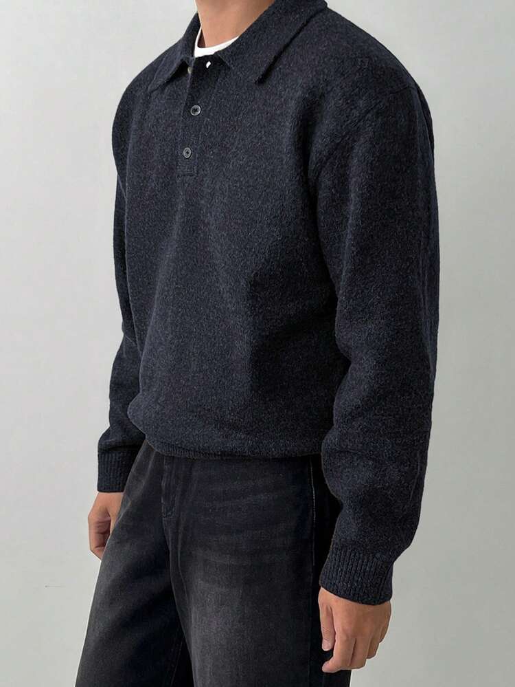 Men's Solid Color Polo Collar Long Sleeve Casual Sweater, Autumn