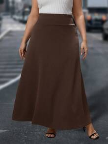 SHEIN Clasi 大码女式纯色高腰优雅办公室半身裙，秋季 - 咖啡棕 - 查看 5