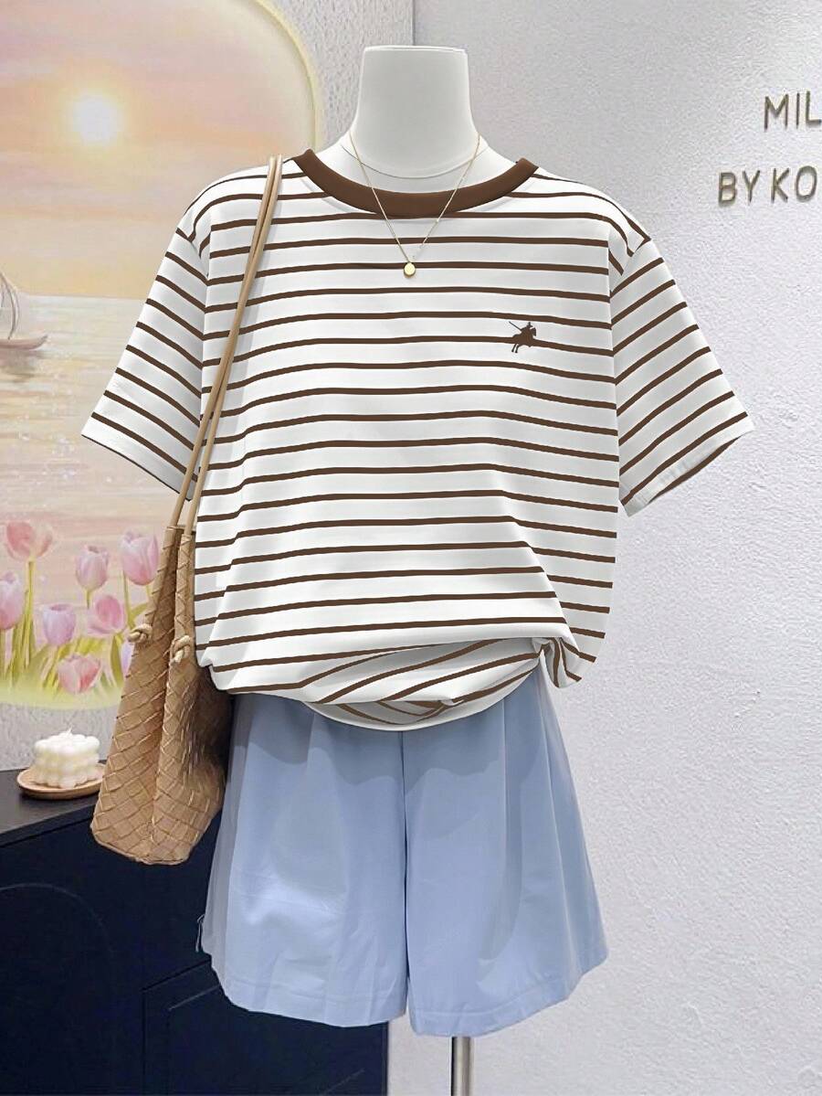 INAWLY 女式马术条纹印花圆领短袖T恤，夏季时尚 - 彩色 - 查看 1