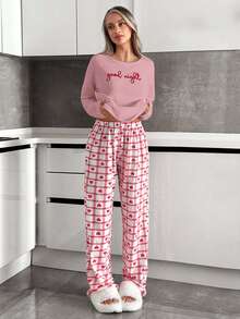EURMUSE Buchstaben & kariertes Herz Muster weiche, bequeme Damen Nachtwäsche Set mit Langarm - Heißes Pink - Übersicht 7